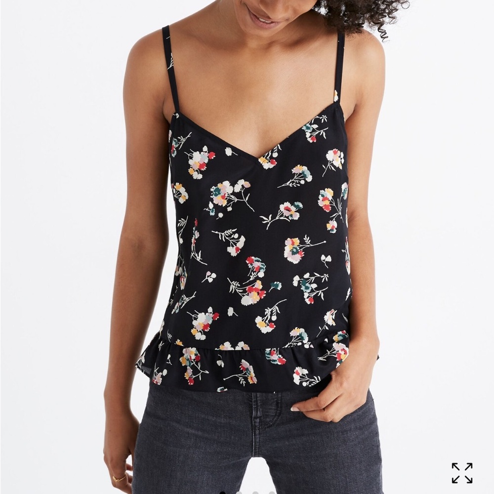 Madewell Silk Ruffle-Hem Cami Top COLOR Pom Pom Floral True Black Size XS